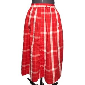 Vintage Soft Red Plaid Midi Skirt Button Front Cottagecore Fall Prairie W-32 M/L